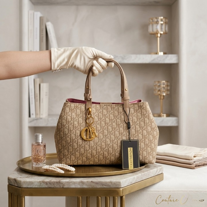 Designer Tote Handbag – Monogram Pattern Shoulder Bag with Golden Charm