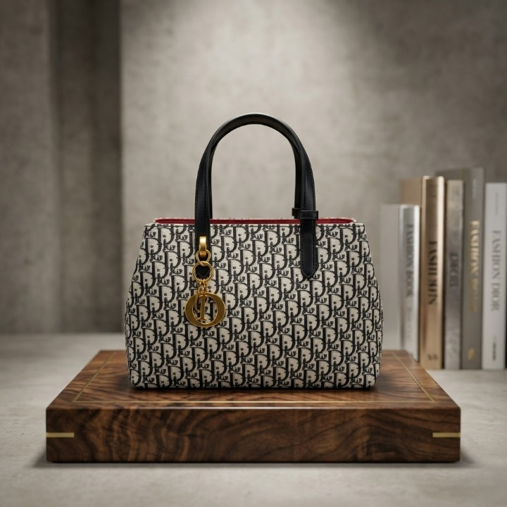 Designer Tote Handbag – Monogram Pattern Shoulder Bag with Golden Charm