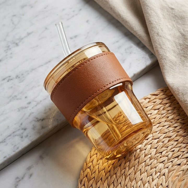 Premium Amber Glass Coffee Tumbler β 400ml Travel Mug with Leather Sleeve & Glass Straw