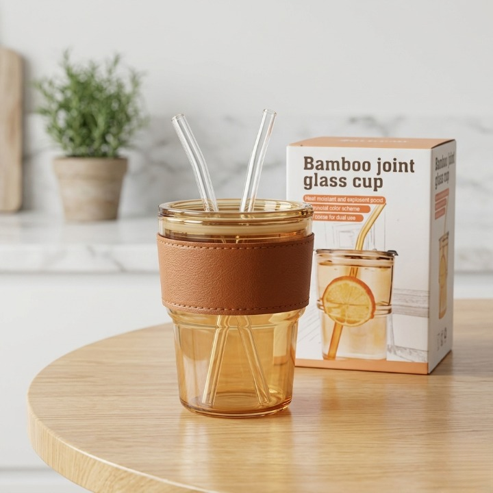 Premium Amber Glass Coffee Tumbler β 400ml Travel Mug with Leather Sleeve & Glass Straw