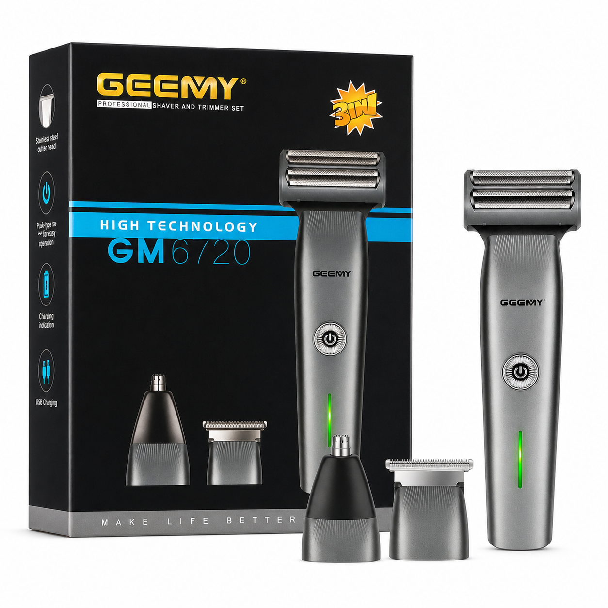 Geemy GM6720 3-in-1 Professional Electric Shaver & Trimmer Set