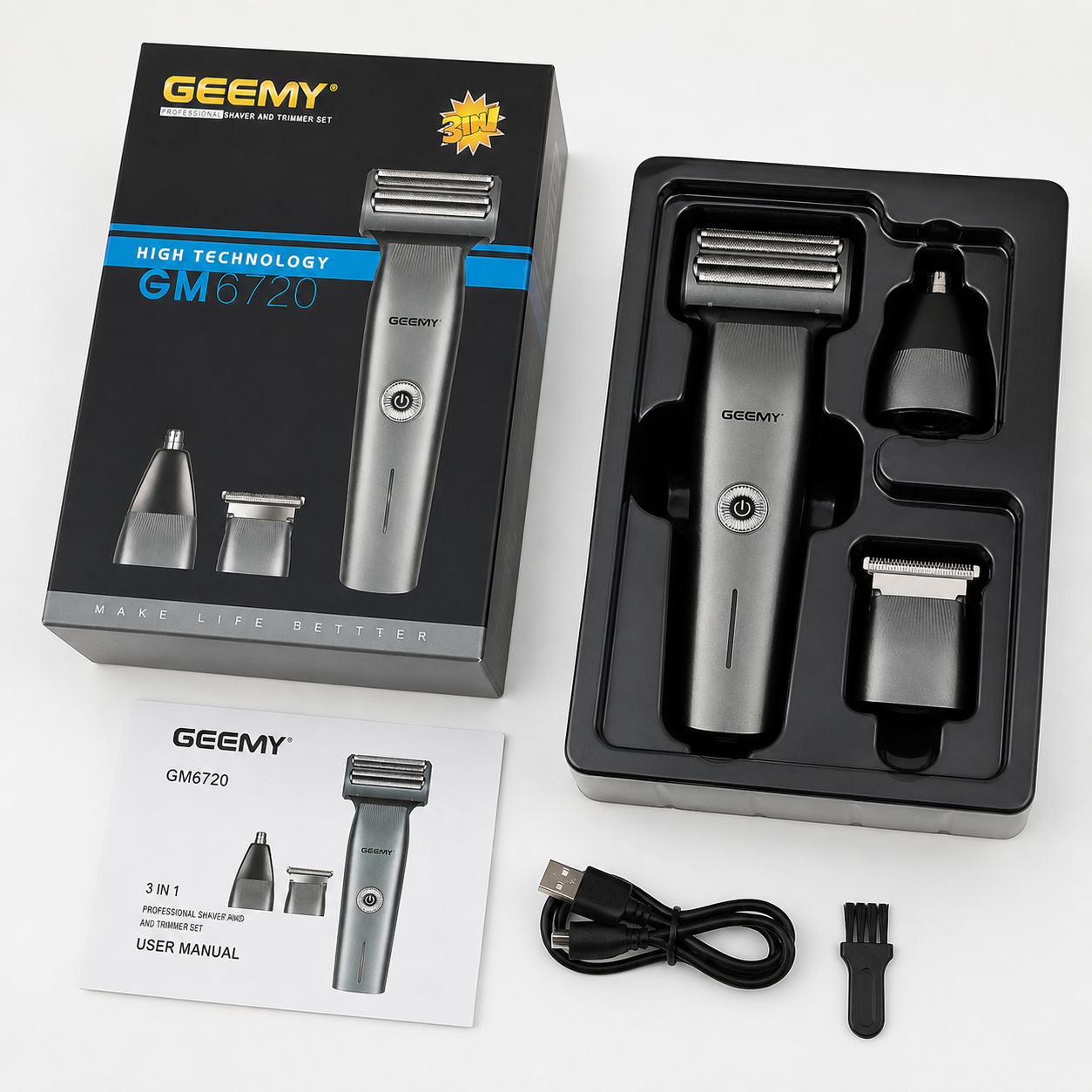 Geemy GM6720 3-in-1 Professional Electric Shaver & Trimmer Set