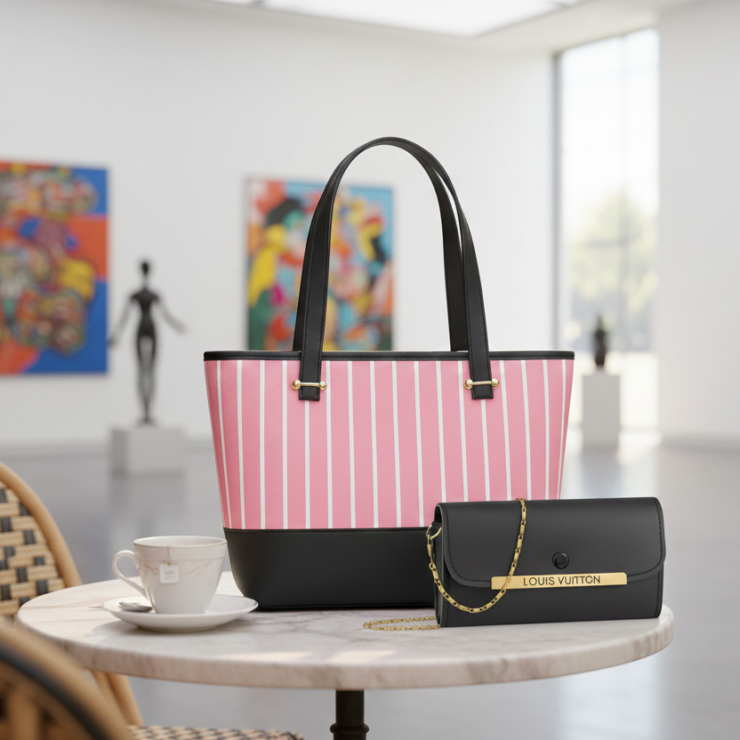 Elegant 2-Piece Women’s Handbag Set – Chic Pink Striped Tote & Luxury Chain Clutch