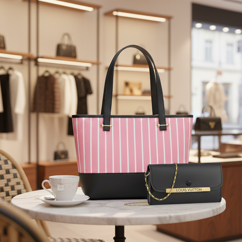 Elegant 2-Piece Women’s Handbag Set – Chic Pink Striped Tote & Luxury Chain Clutch
