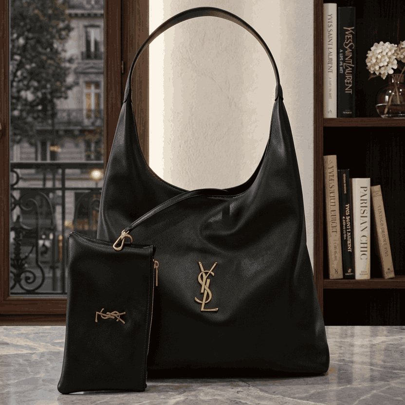 Luxury YSL Imported Tote Bag – Large Capacity Premium Black Leather Shoulder Bag with Pouch