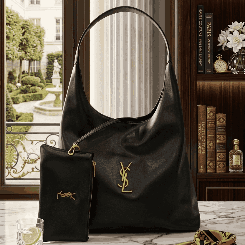 Luxury YSL Imported Tote Bag – Large Capacity Premium Black Leather Shoulder Bag with Pouch