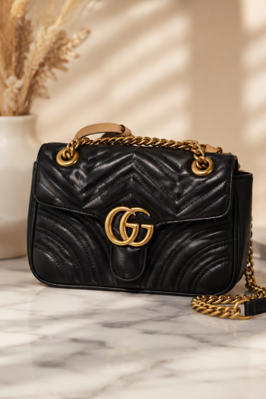 Luxury Matelassé Crossbody Bag – Elegant Black Chevron Designer Shoulder Purse for Women With Box